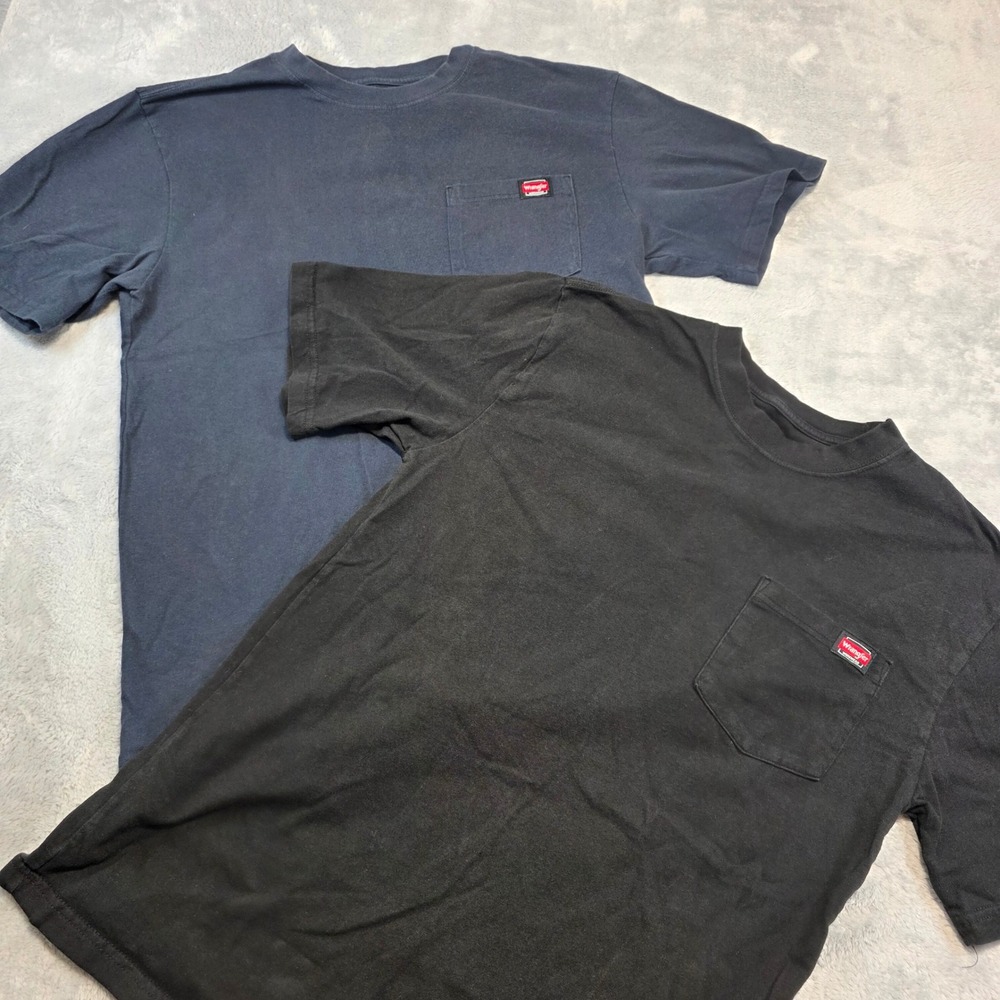 Wrangler Mens Medium Blue Black T-Shirt 2 Pack Workwear Pocket Cotton